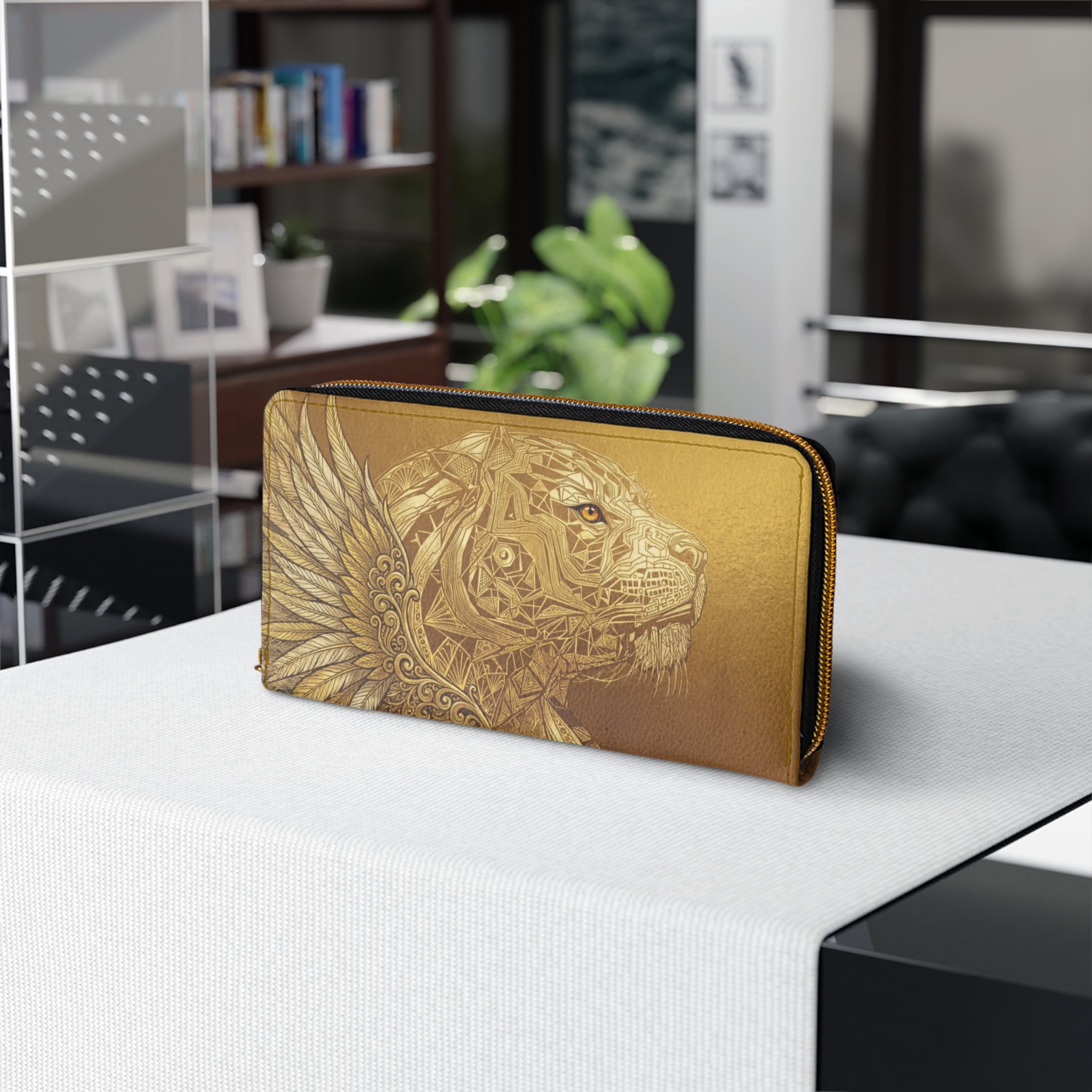 Gold Lion & Star Zipper Wallet — Ornate Metallic Animal Print Wallet