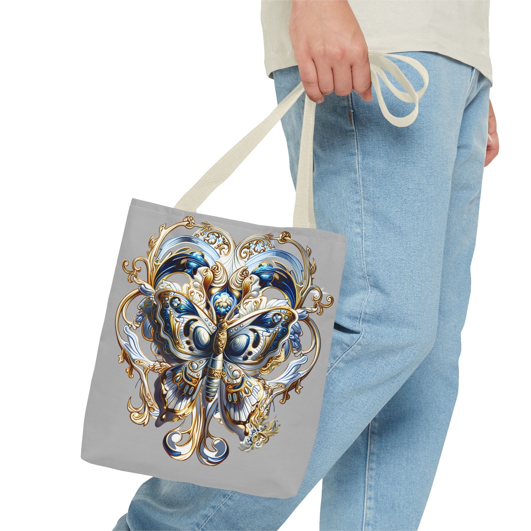 Baroque Butterfly Tote Bag — Ornate Gold & Blue All-Over Print
