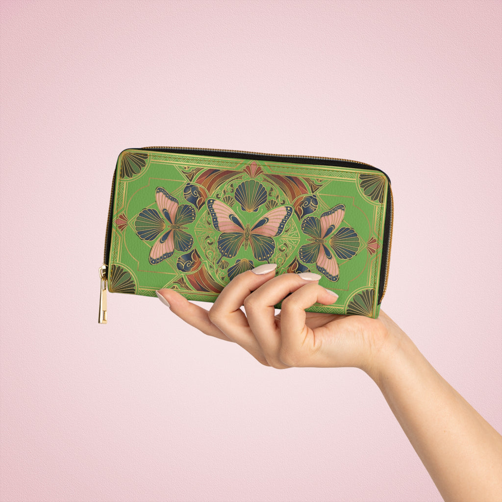 Green Butterfly Mandala Zipper Wallet – Art Nouveau Floral Zip Wallet