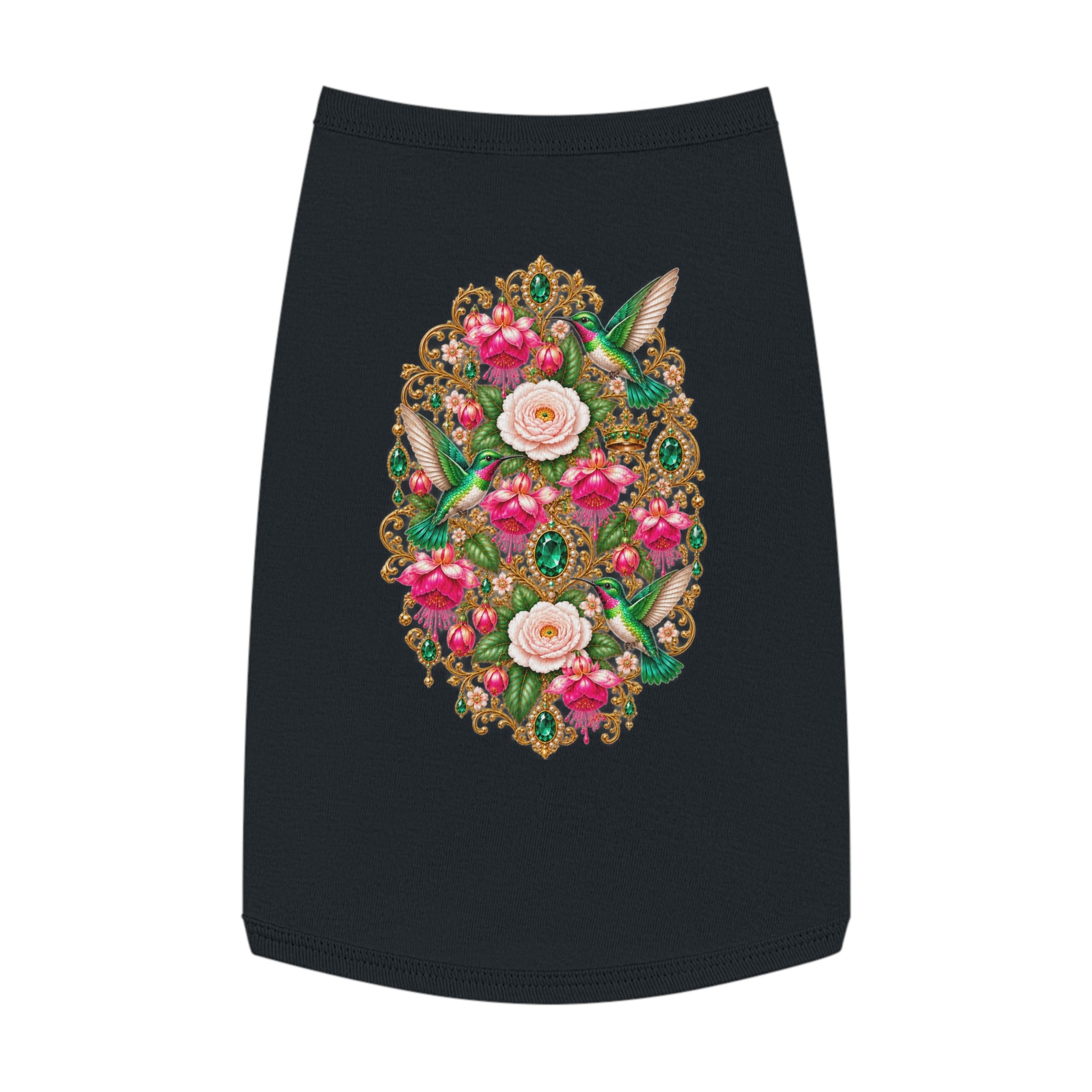 Floral Hummingbird Pet Tank — Ornate Jewel-Embossed Dog Shirt