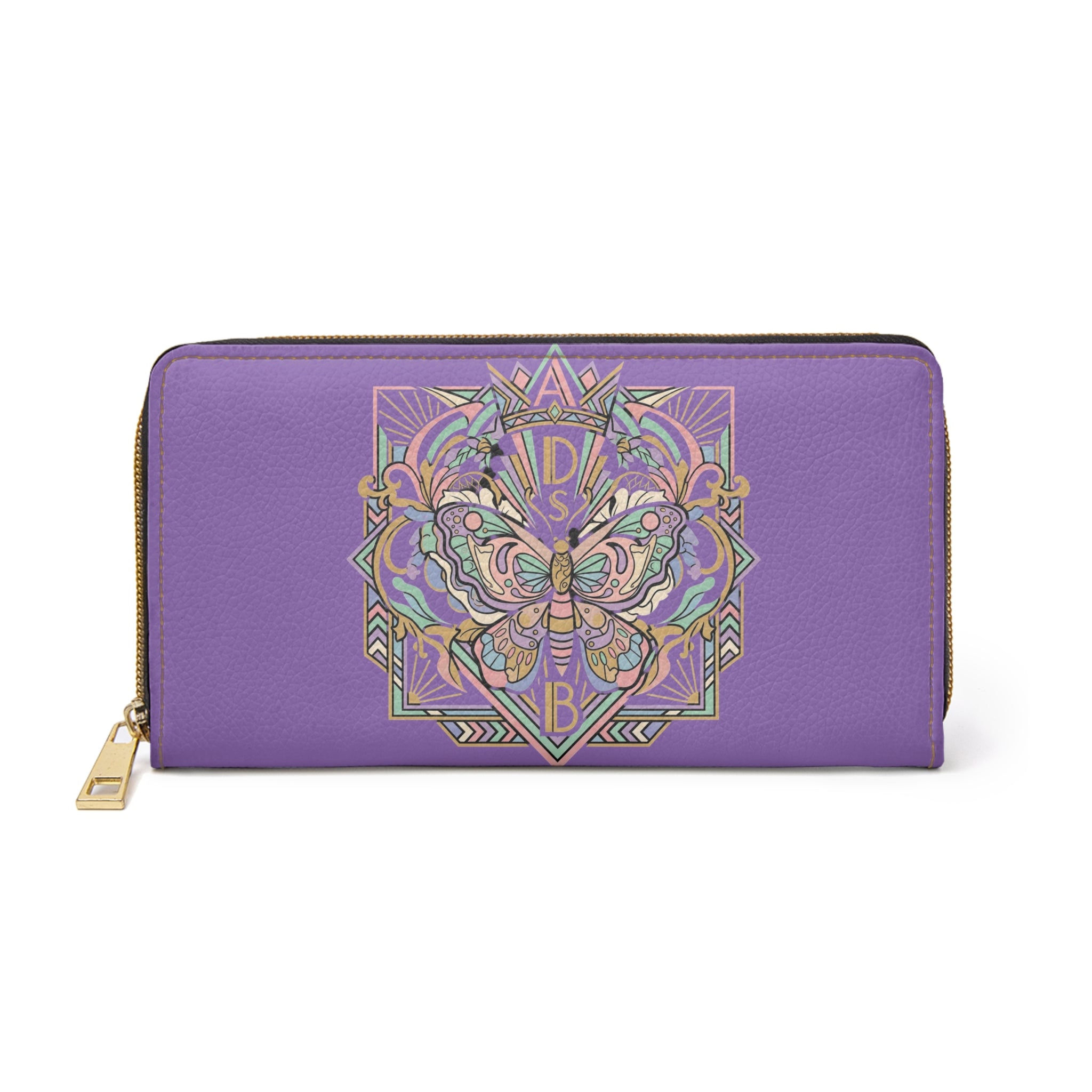 Purple Butterfly Zipper Wallet — Art Nouveau Moth Design, Alphabet Monogram Accent