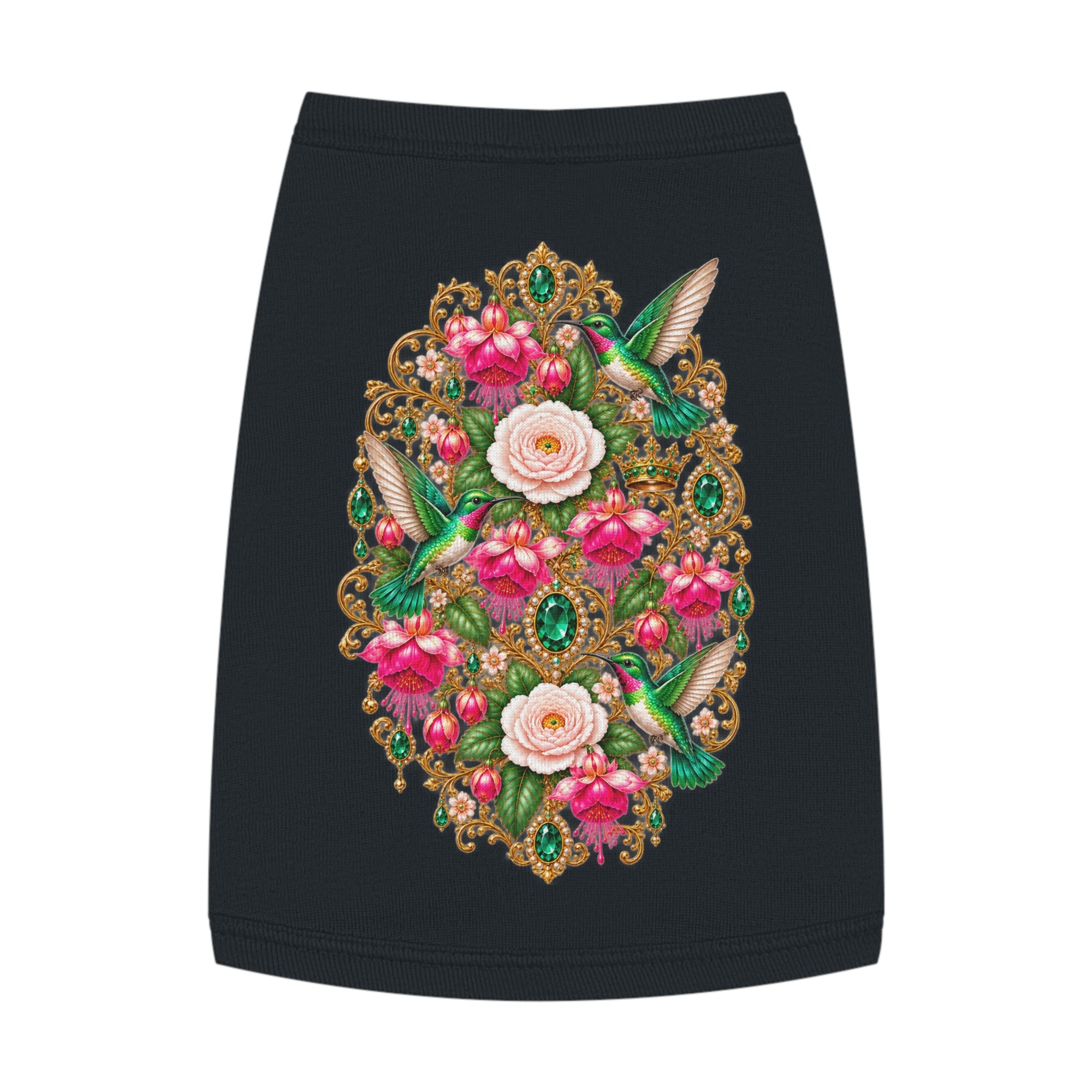 Floral Hummingbird Pet Tank — Ornate Jewel-Embossed Dog Shirt