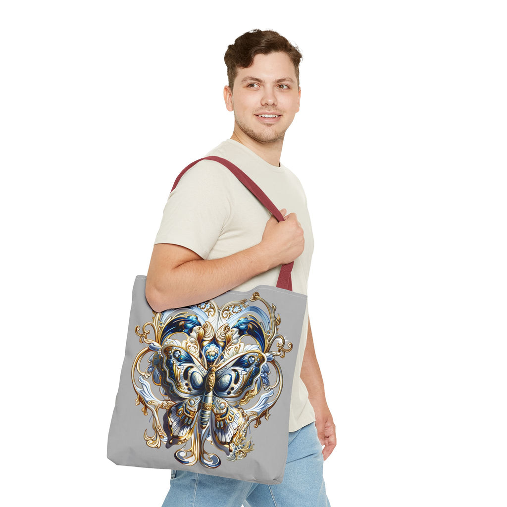 Baroque Butterfly Tote Bag — Ornate Gold & Blue All-Over Print