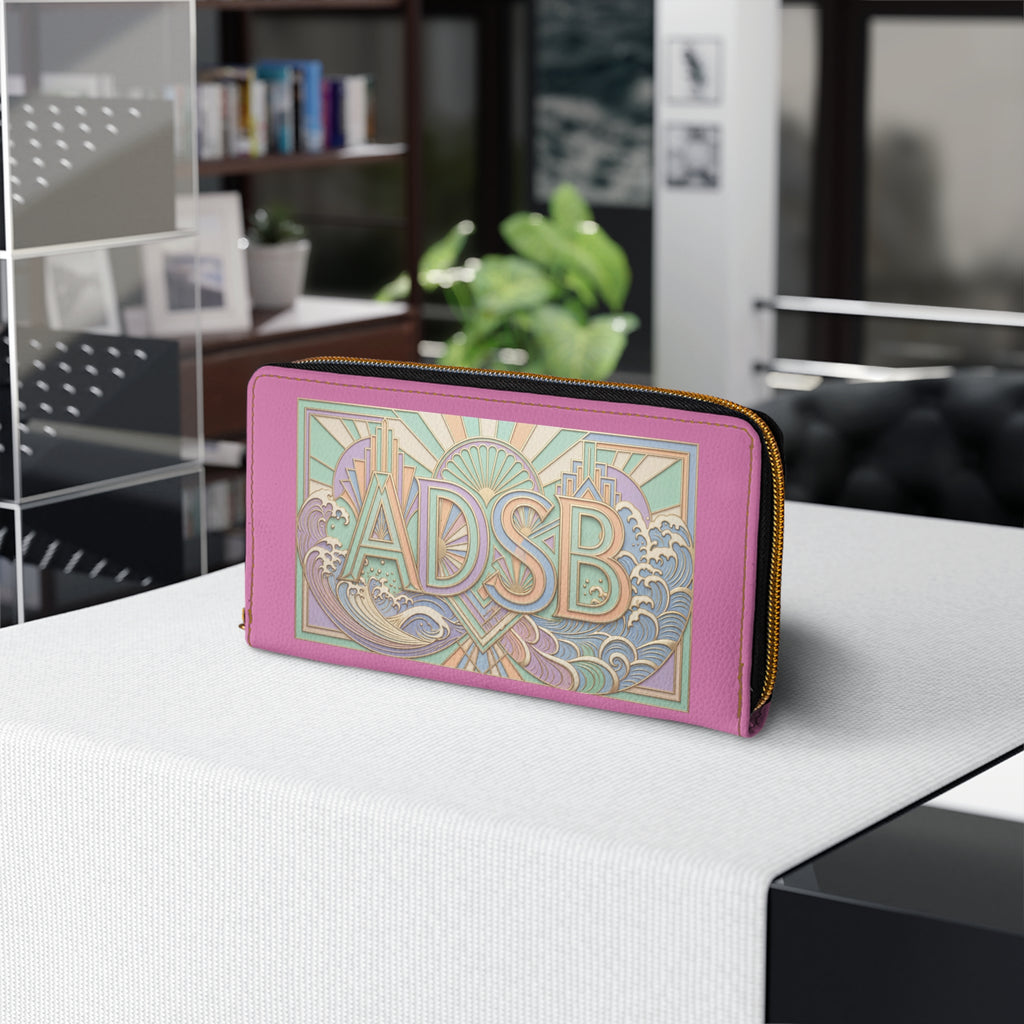 Art Deco Monogram Zipper Wallet – Custom "ADSB" Pink Leather Travel Clutch