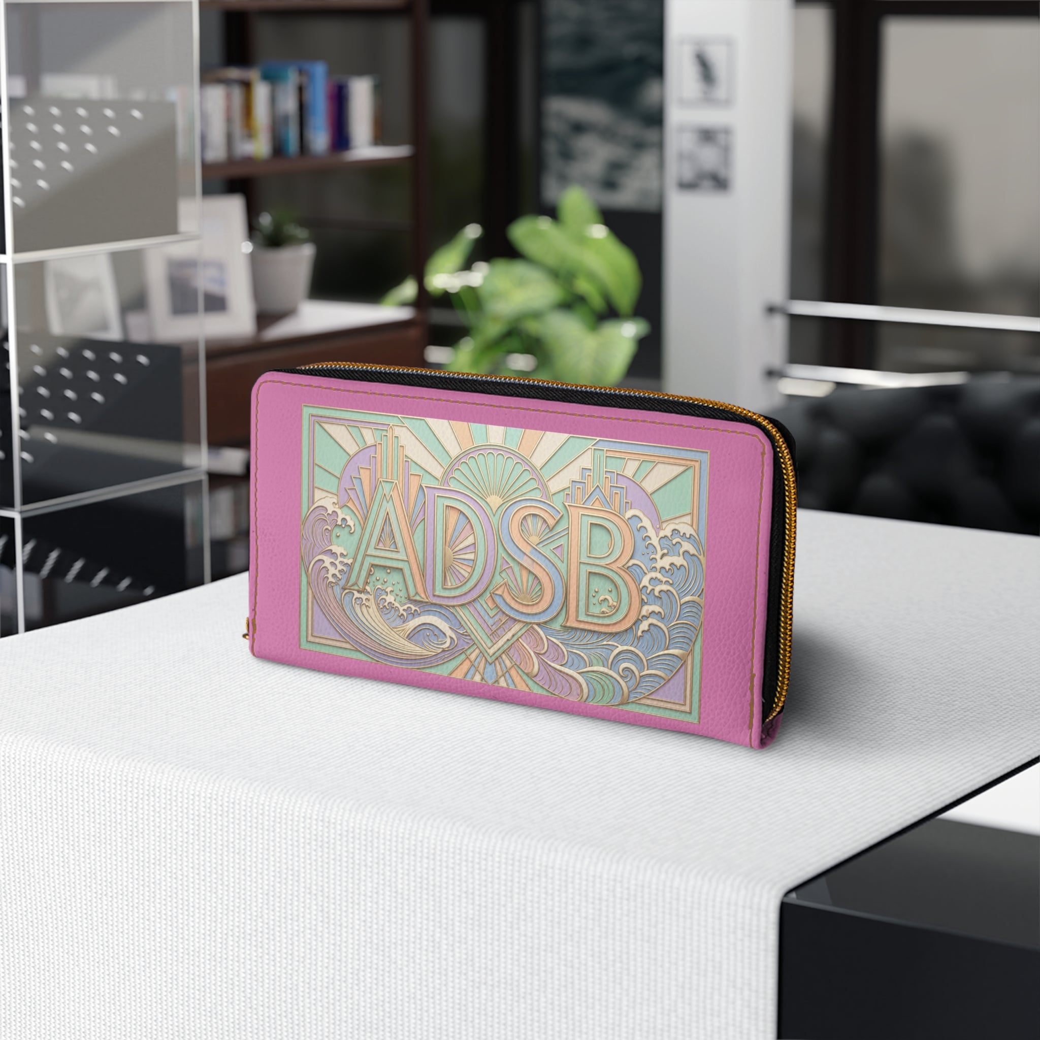Art Deco Monogram Zipper Wallet – Custom "ADSB" Pink Leather Travel Clutch