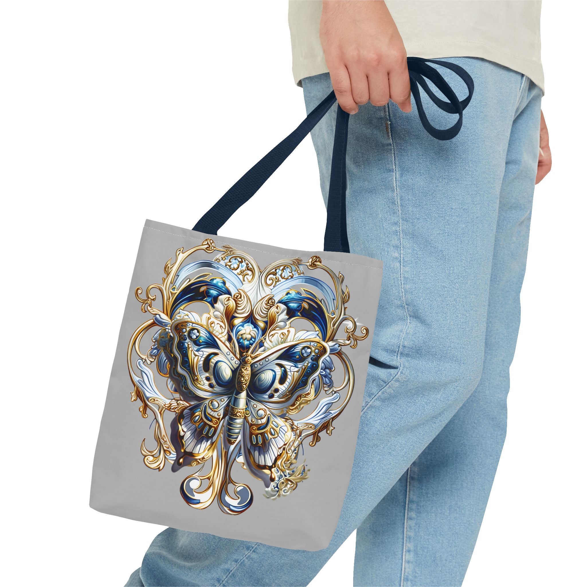 Baroque Butterfly Tote Bag — Ornate Gold & Blue All-Over Print