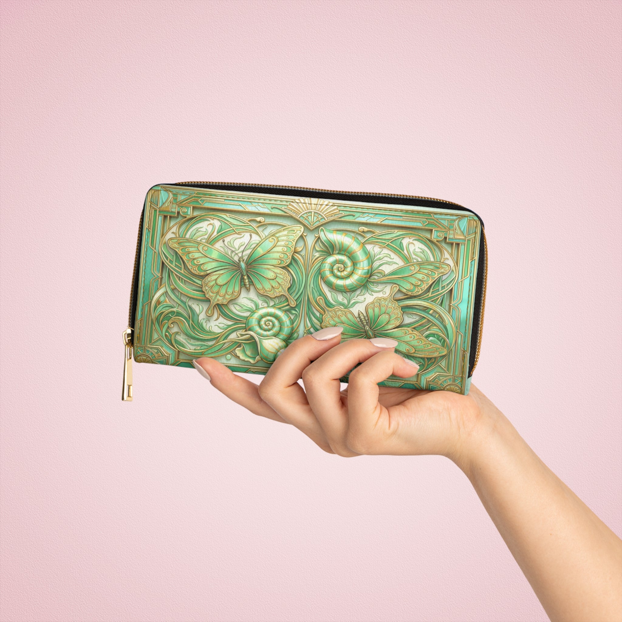 Butterfly Art Nouveau Zipper Wallet — Green Floral Leather Wallet