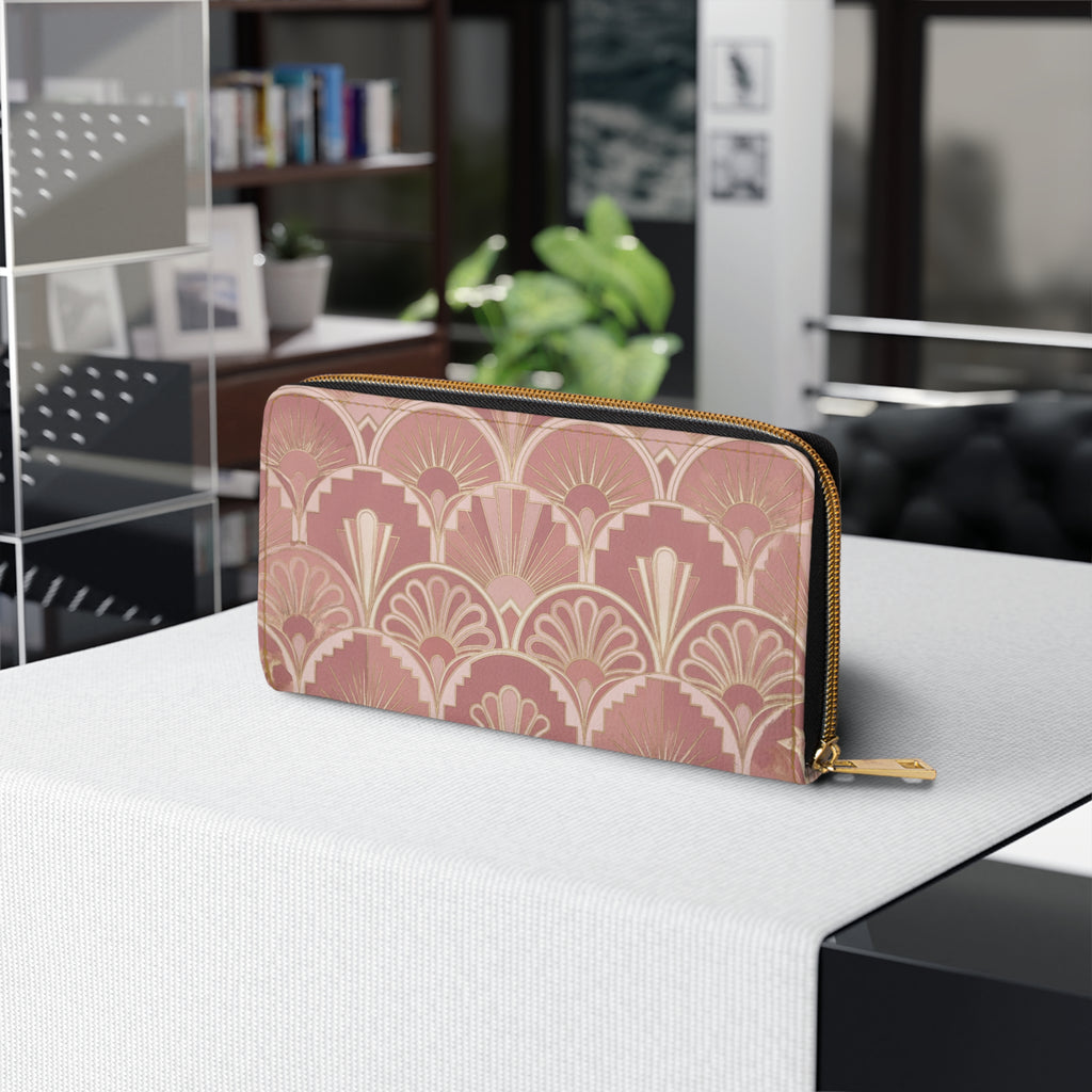 Art Deco Rose Zipper Wallet — Elegant Vintage Fan Pattern Wallet