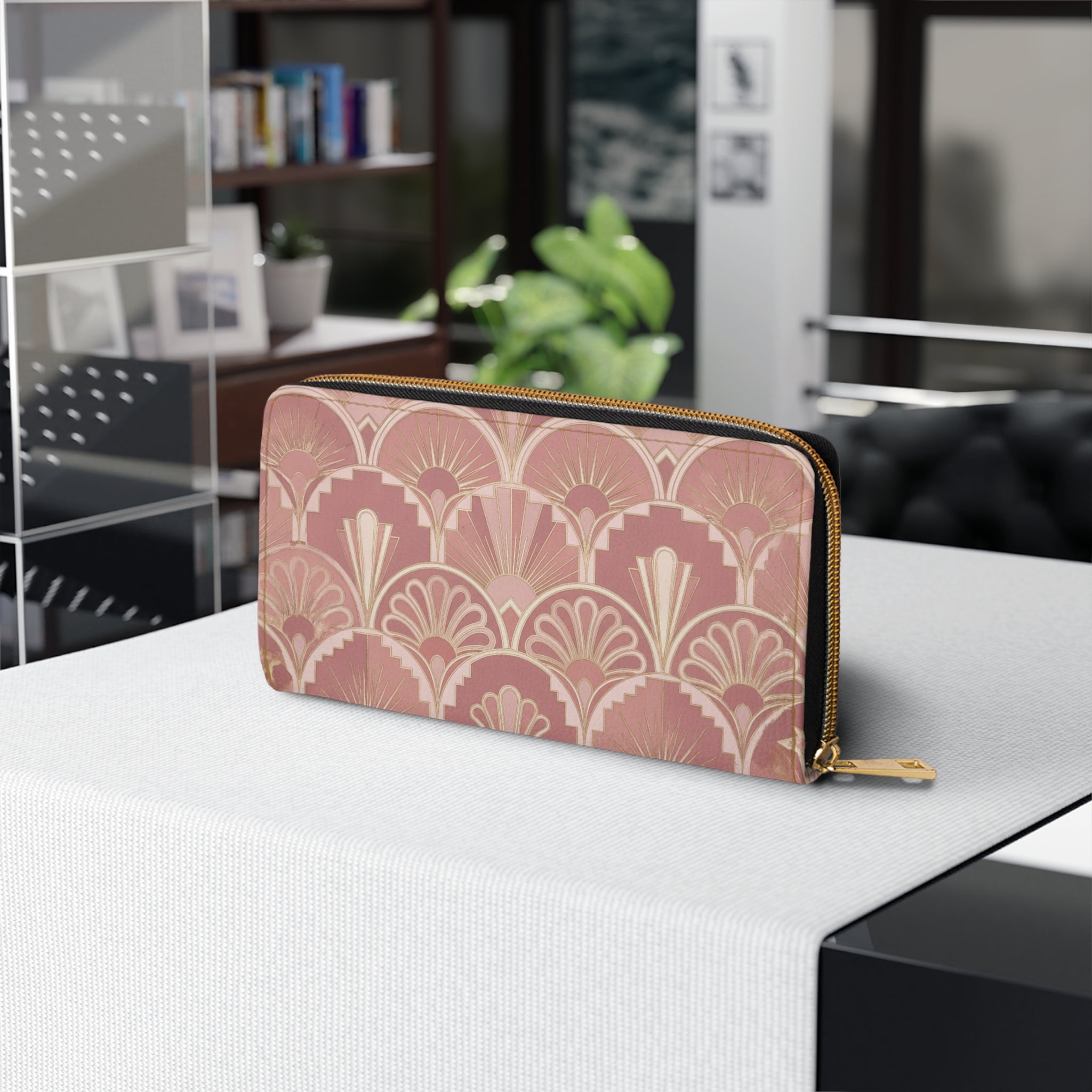 Art Deco Rose Zipper Wallet — Elegant Vintage Fan Pattern Wallet