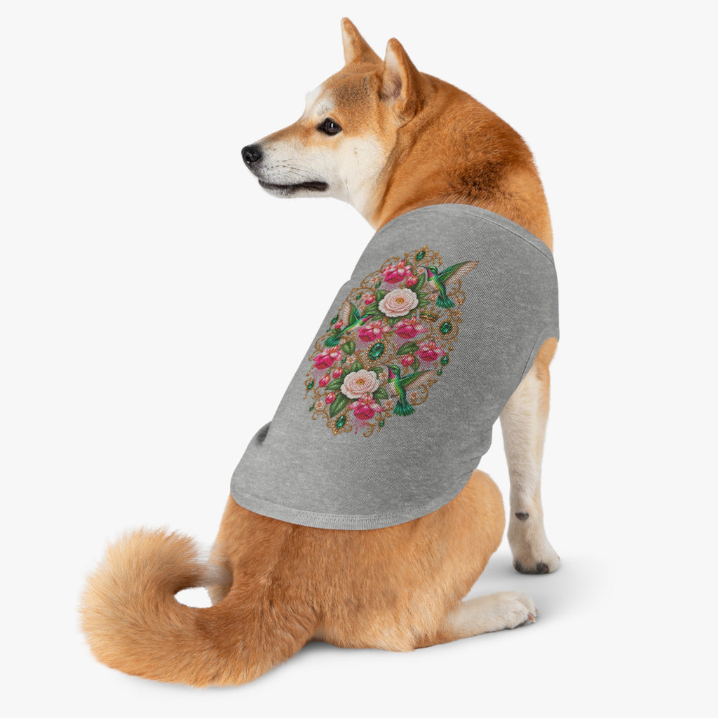 Floral Hummingbird Pet Tank — Ornate Jewel-Embossed Dog Shirt