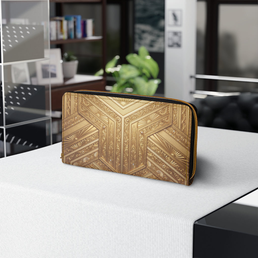 Gold Art Deco Zipper Wallet — Elegant Geometric Patterned Clutch