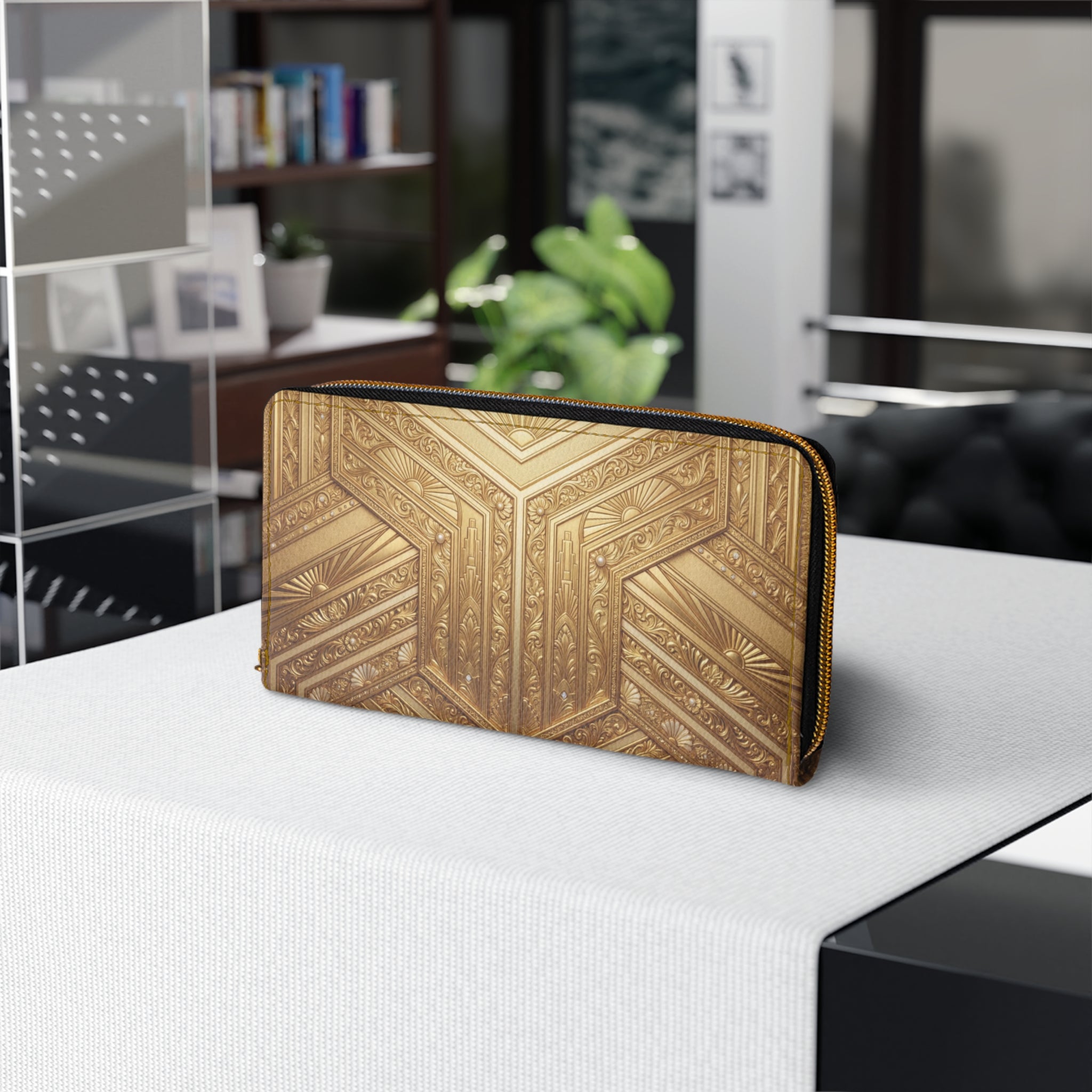 Gold Art Deco Zipper Wallet — Elegant Geometric Patterned Clutch