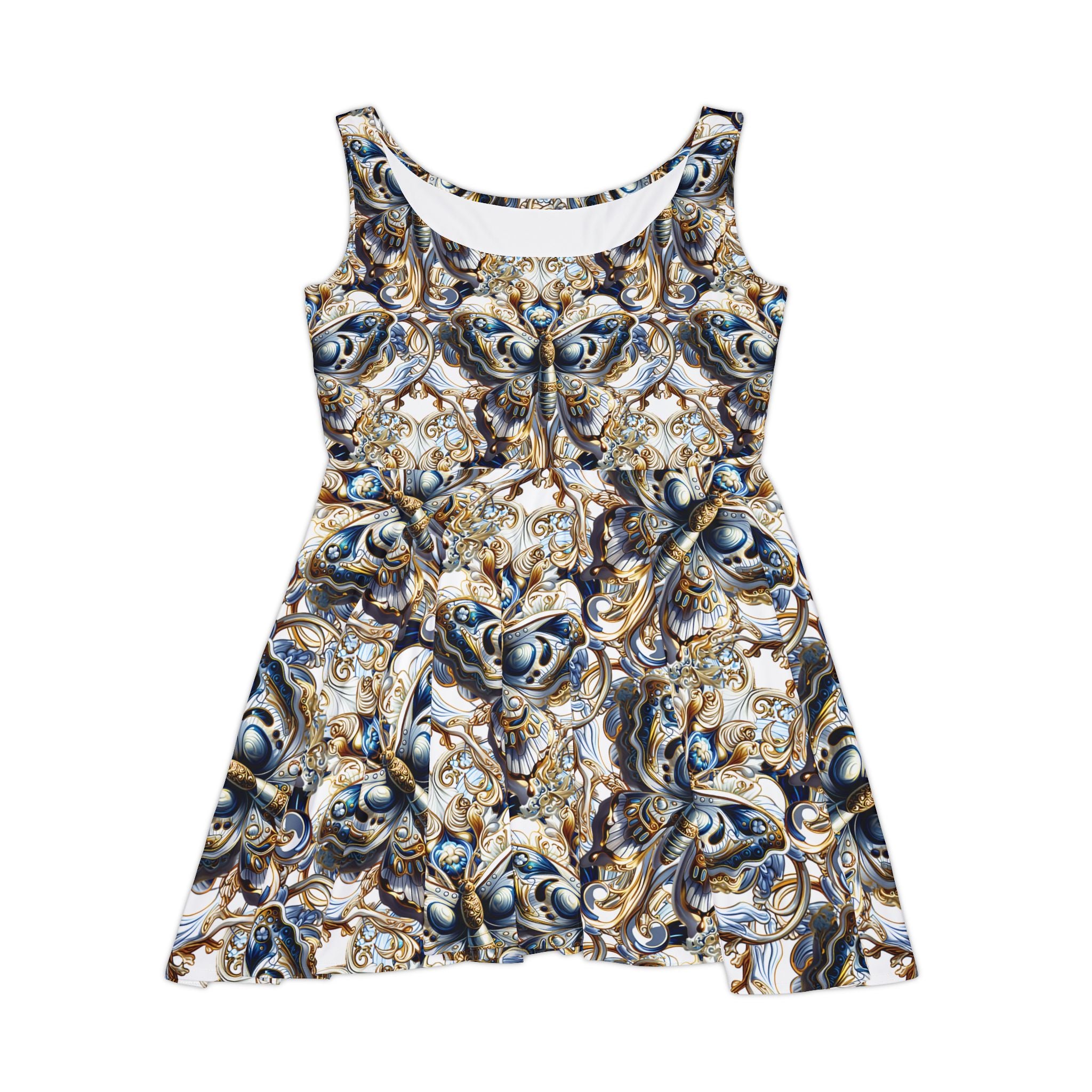 Baroque Floral Skater Dress Gold & Navy Ornate All-Over Print S Baroque Floral Skater Dress Gold & Navy Ornate All-Over Print S