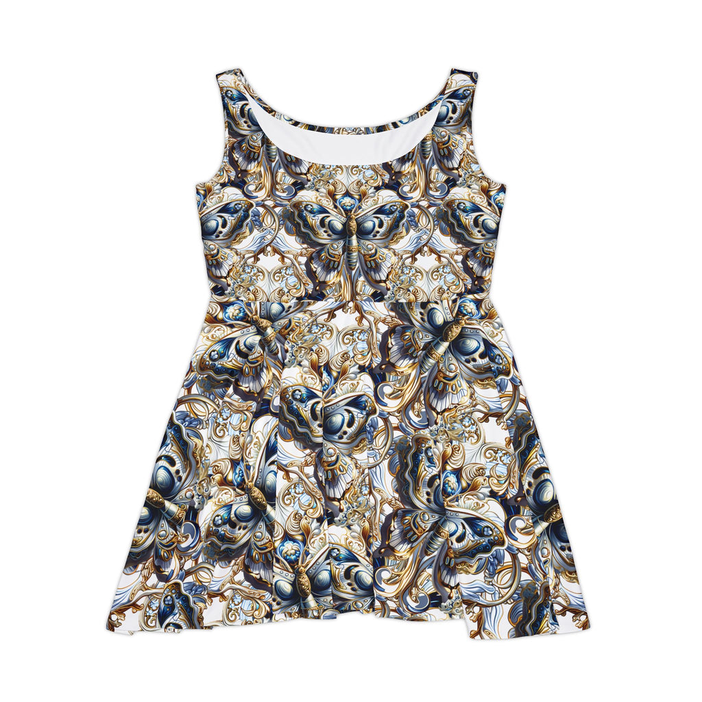 Baroque Floral Skater Dress — Gold & Navy Ornate All-Over Print
