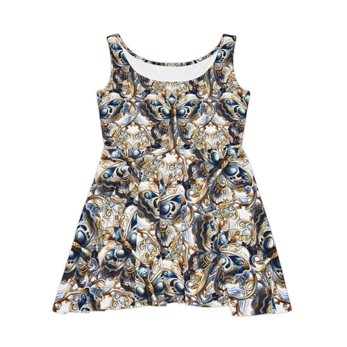 Baroque Floral Skater Dress — Gold & Navy Ornate All-Over Print