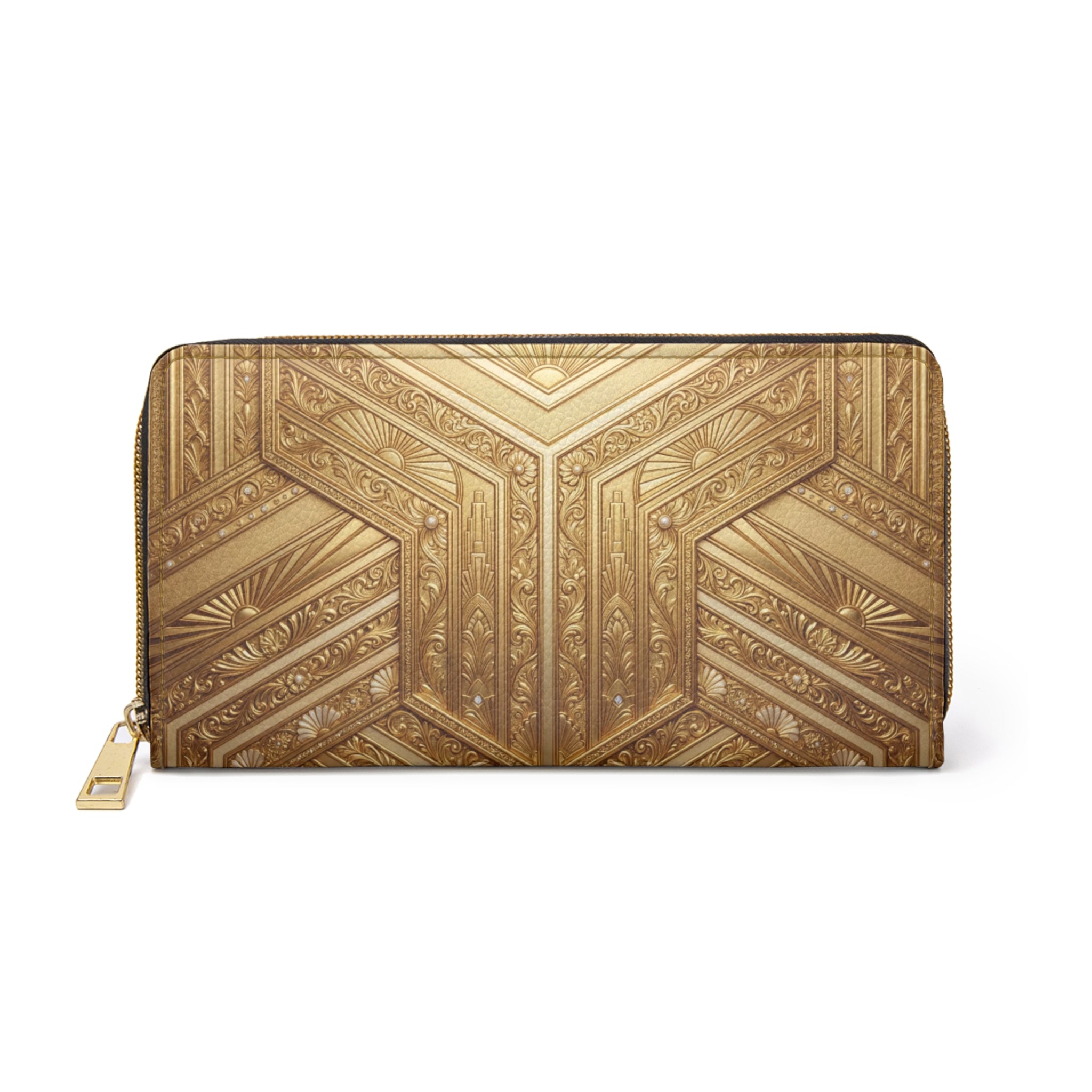 Gold Art Deco Zipper Wallet — Elegant Geometric Patterned Clutch