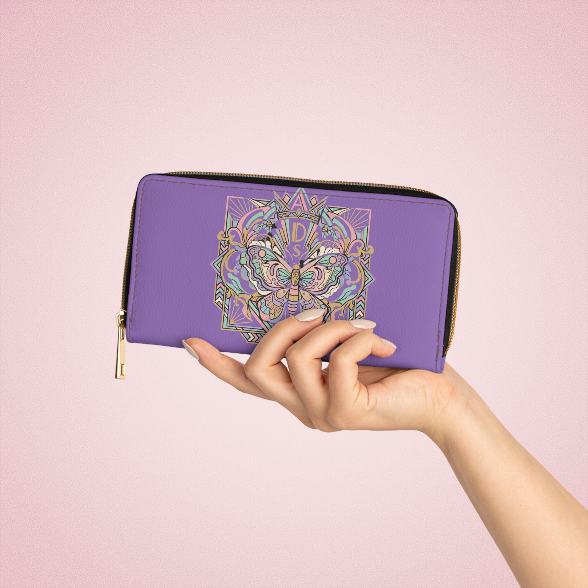 Purple Butterfly Zipper Wallet — Art Nouveau Moth Design, Alphabet Monogram Accent