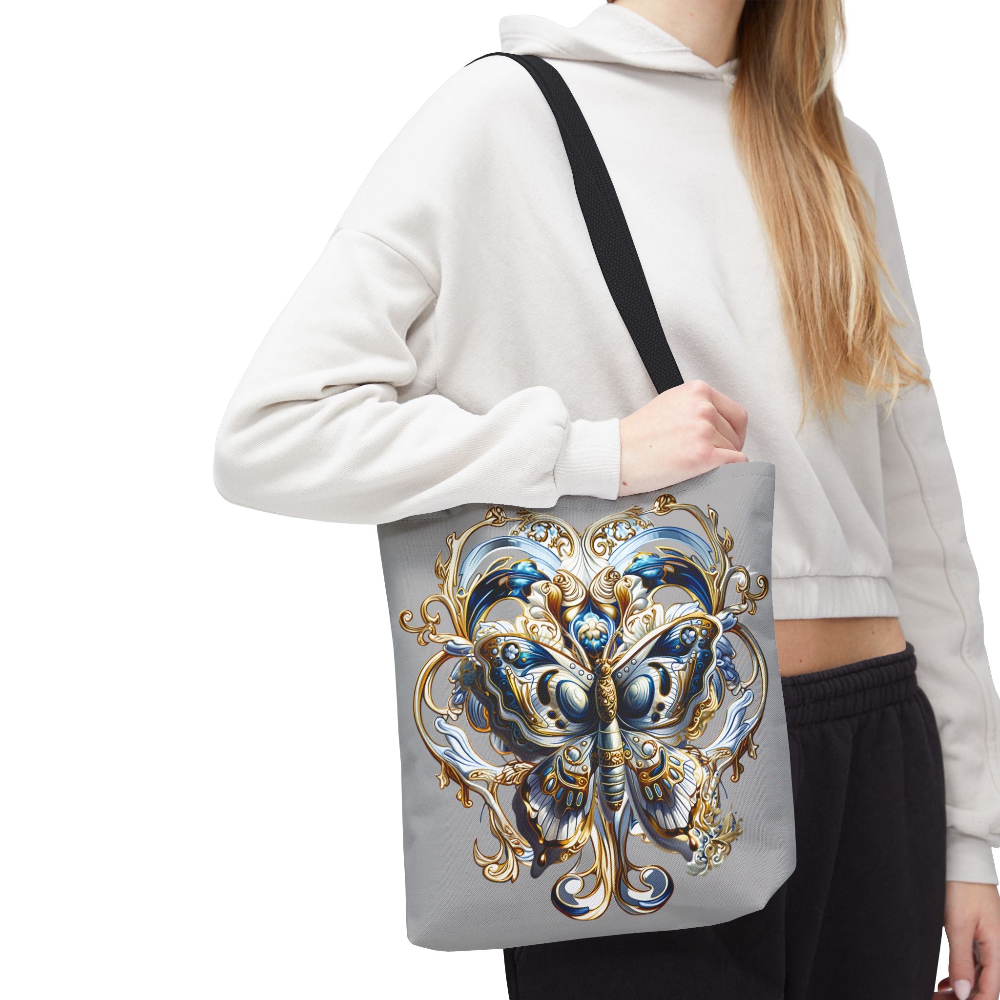 Baroque Butterfly Tote Bag — Ornate Gold & Blue All-Over Print