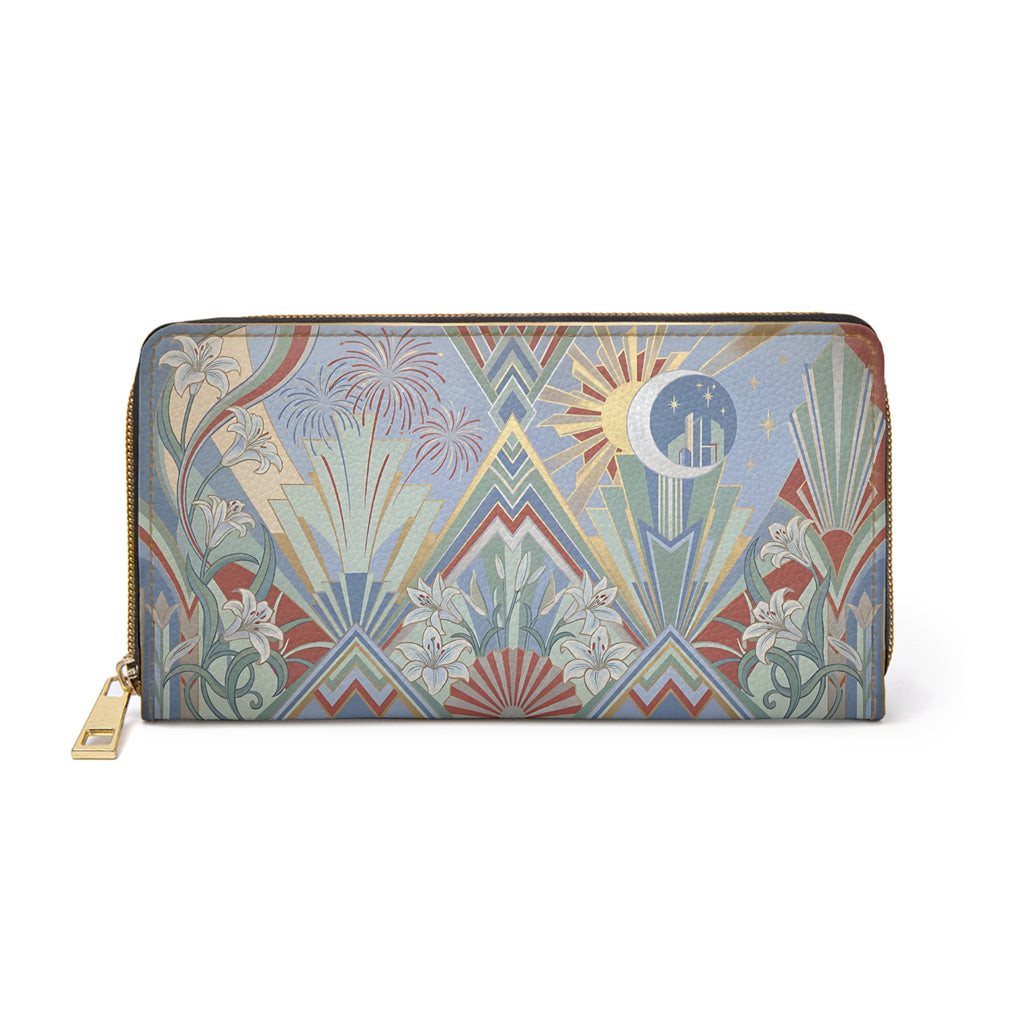 Art Deco Moon & Sun Zipper Wallet — Floral Geometric Travel Wallet