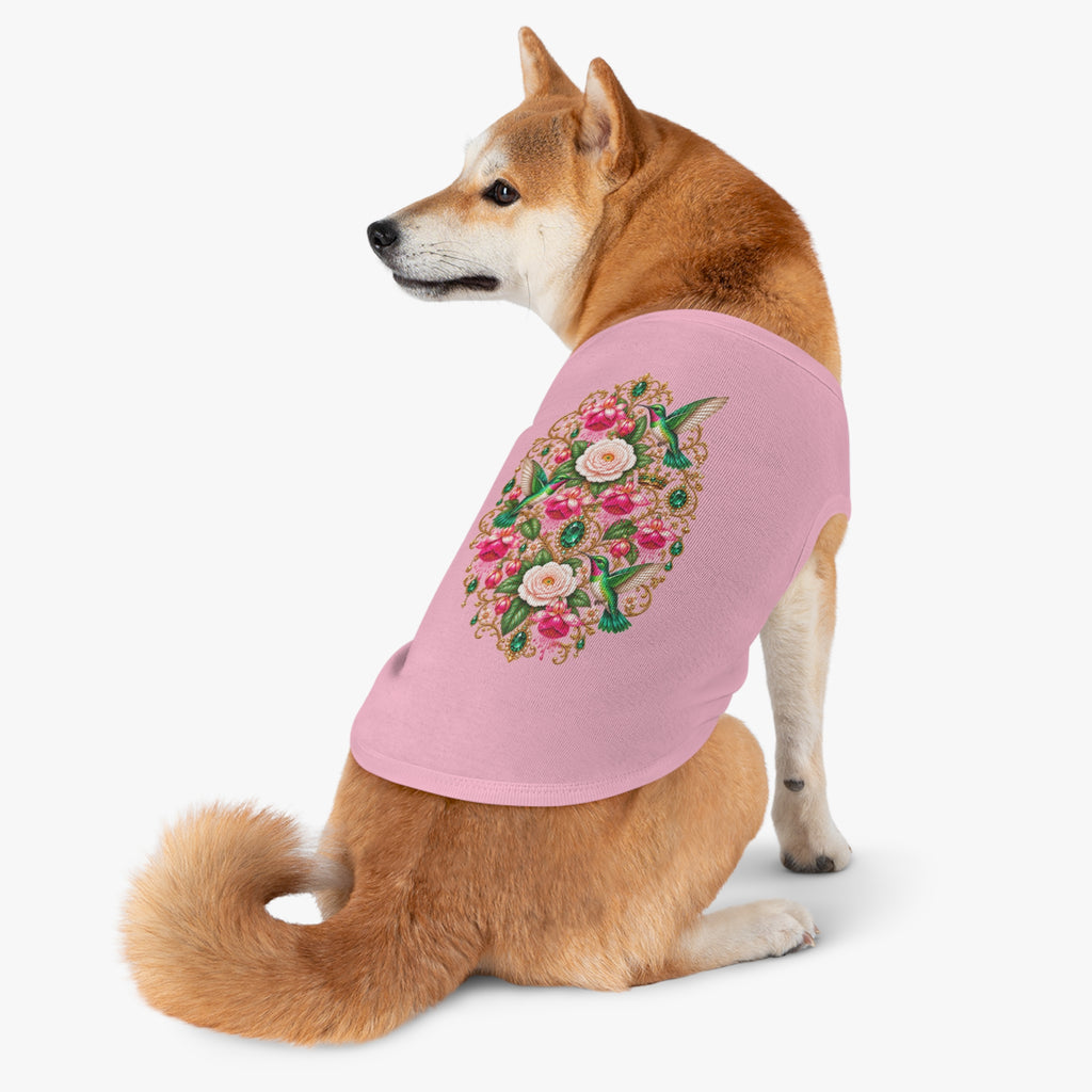 Floral Hummingbird Pet Tank — Ornate Jewel-Embossed Dog Shirt