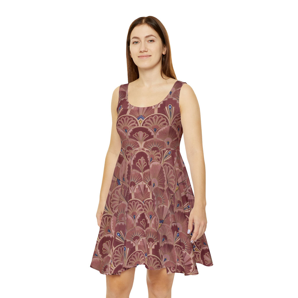 Art Deco Floral Skater Dress - Vintage Peach Patterned AOP