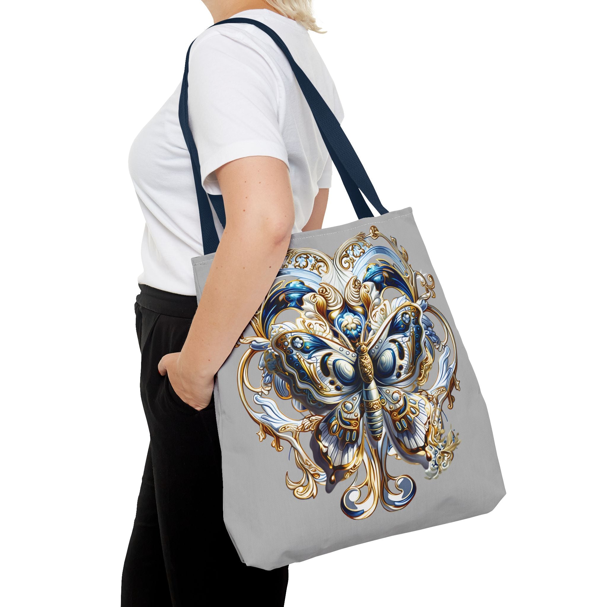 Baroque Butterfly Tote Bag — Ornate Gold & Blue All-Over Print
