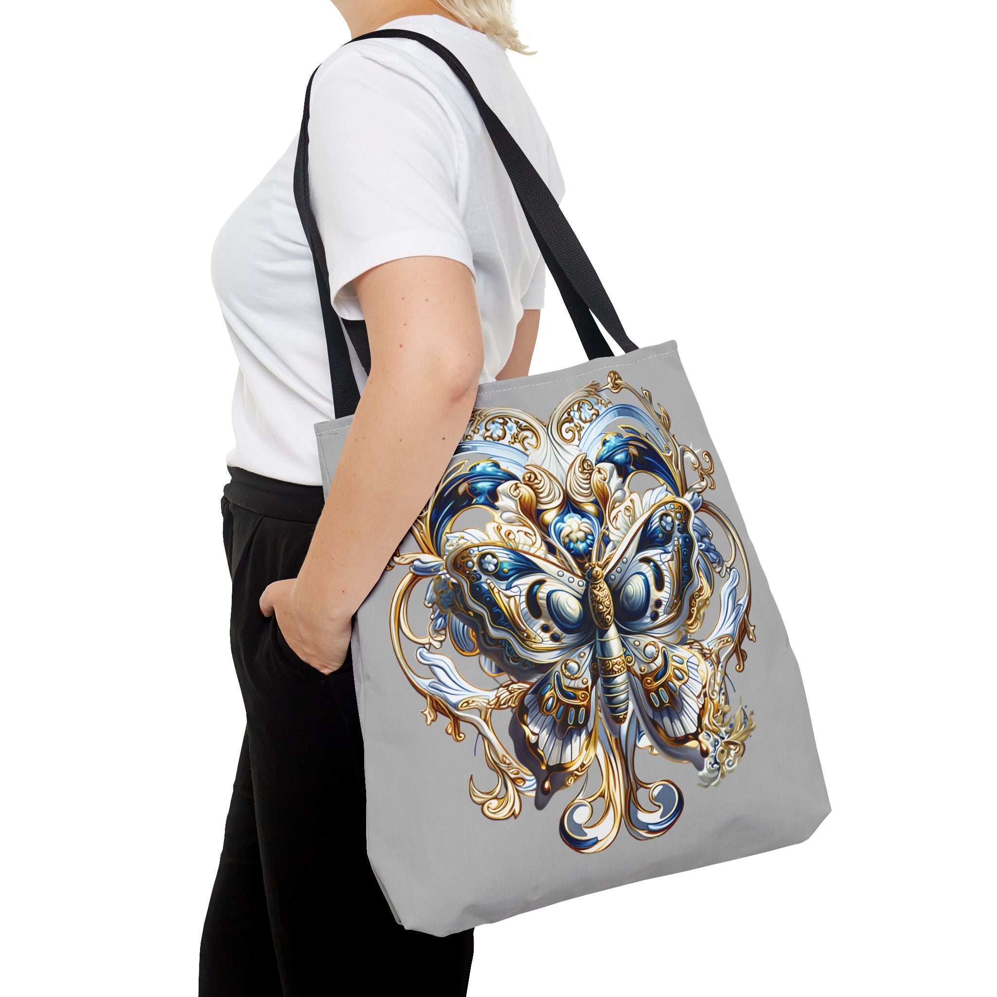 Baroque Butterfly Tote Bag — Ornate Gold & Blue All-Over Print