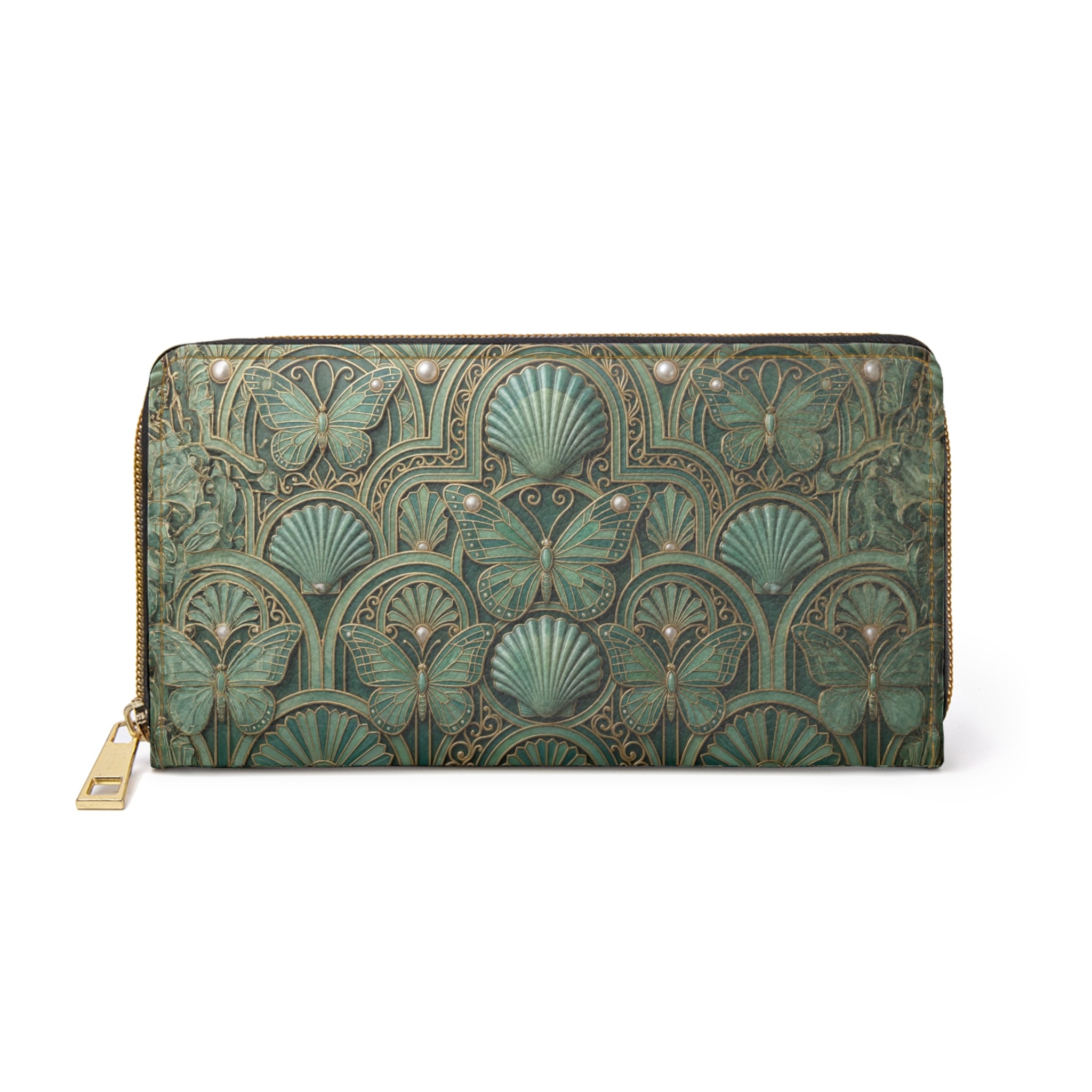 Art Deco Seashell Zipper Wallet — Vintage Green Scallop Pattern