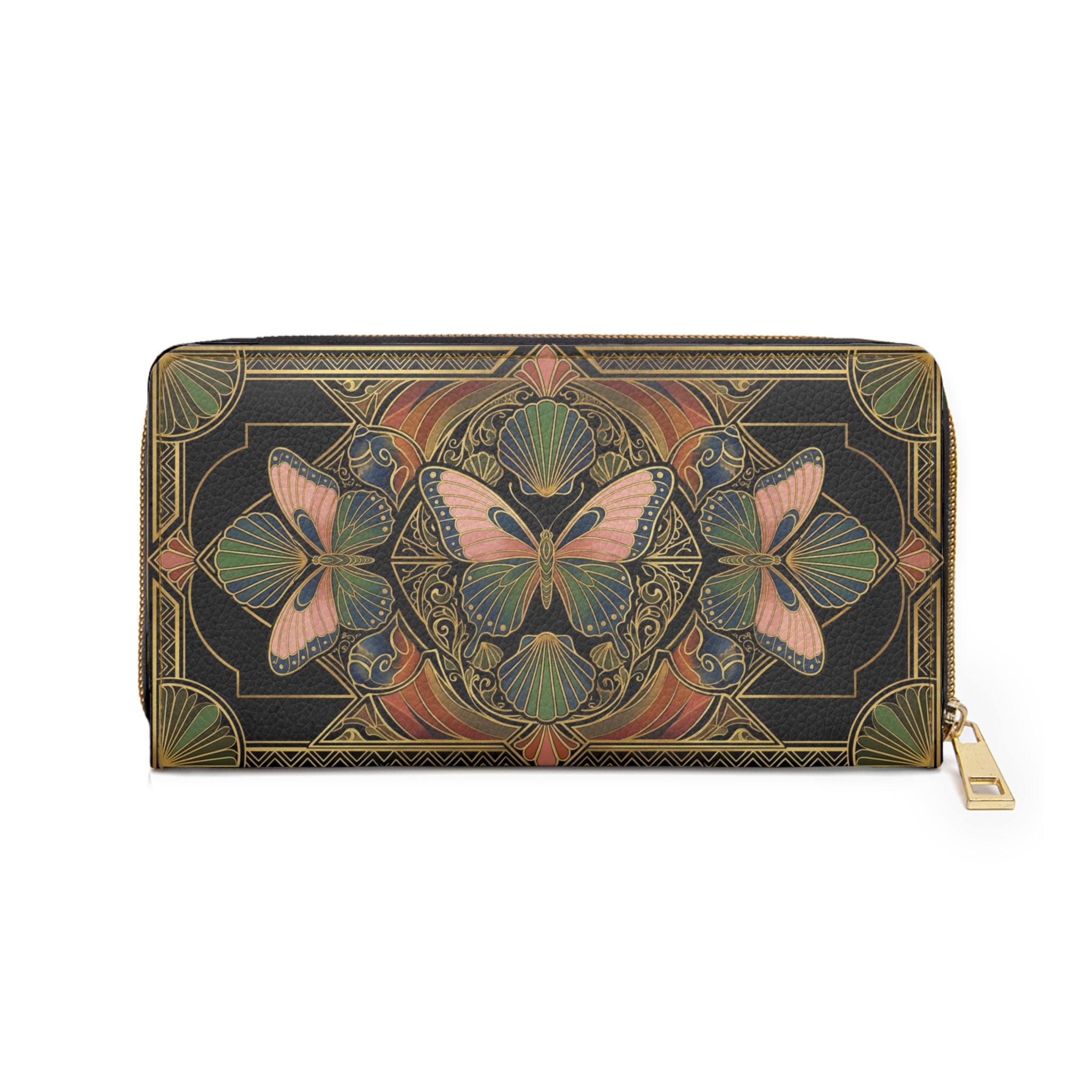 Butterfly Art Nouveau Zipper Wallet — Vintage Floral Mandala Design