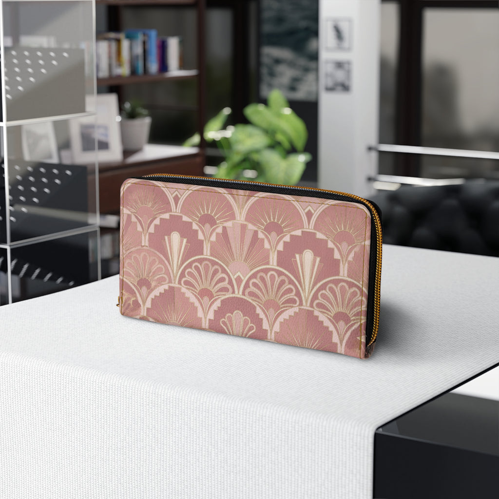 Art Deco Rose Zipper Wallet — Elegant Vintage Fan Pattern Wallet