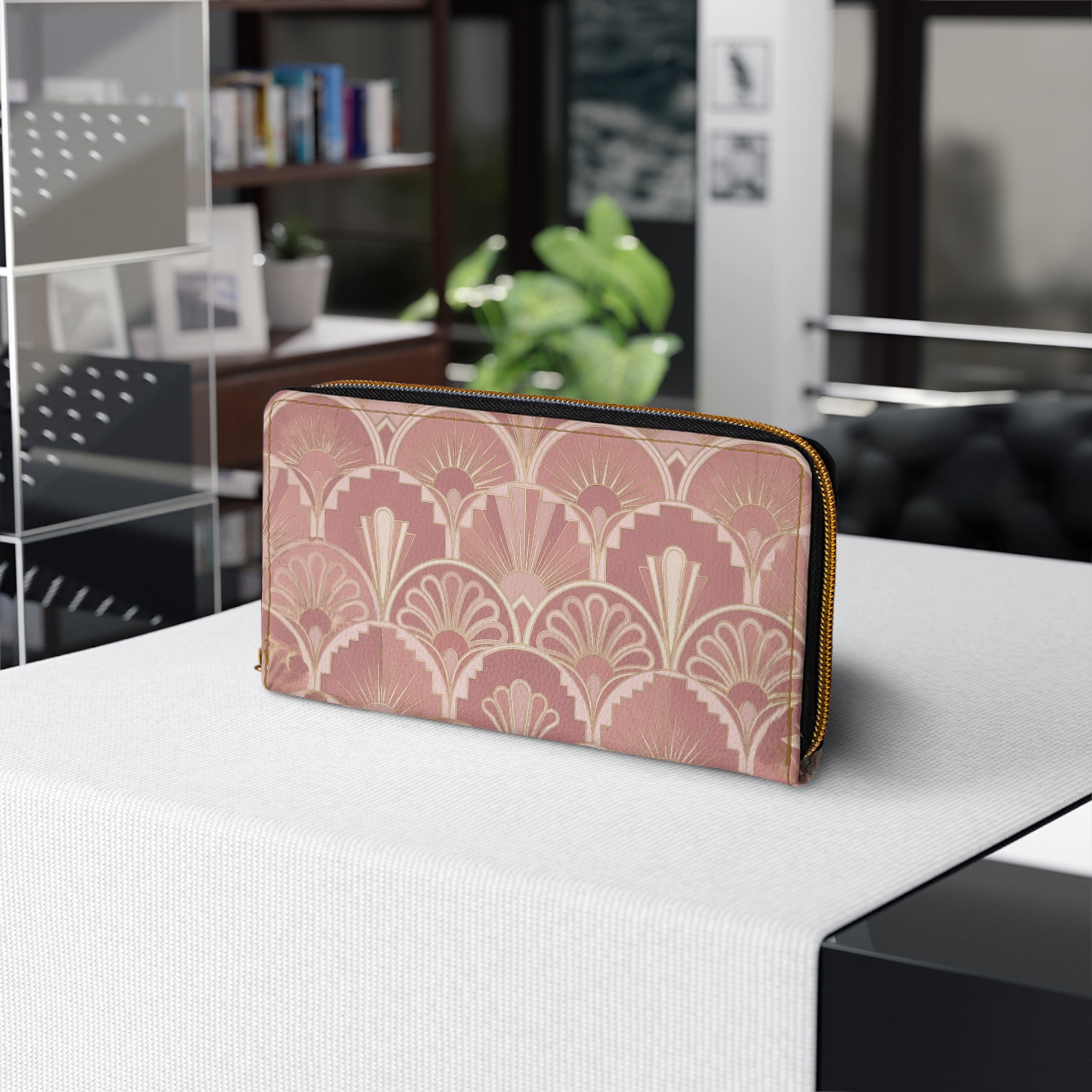 Art Deco Rose Zipper Wallet — Elegant Vintage Fan Pattern Wallet