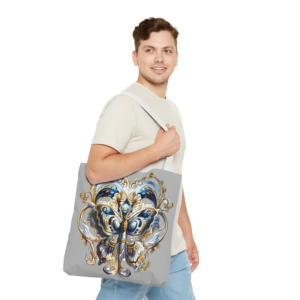Baroque Butterfly Tote Bag — Ornate Gold & Blue All-Over Print