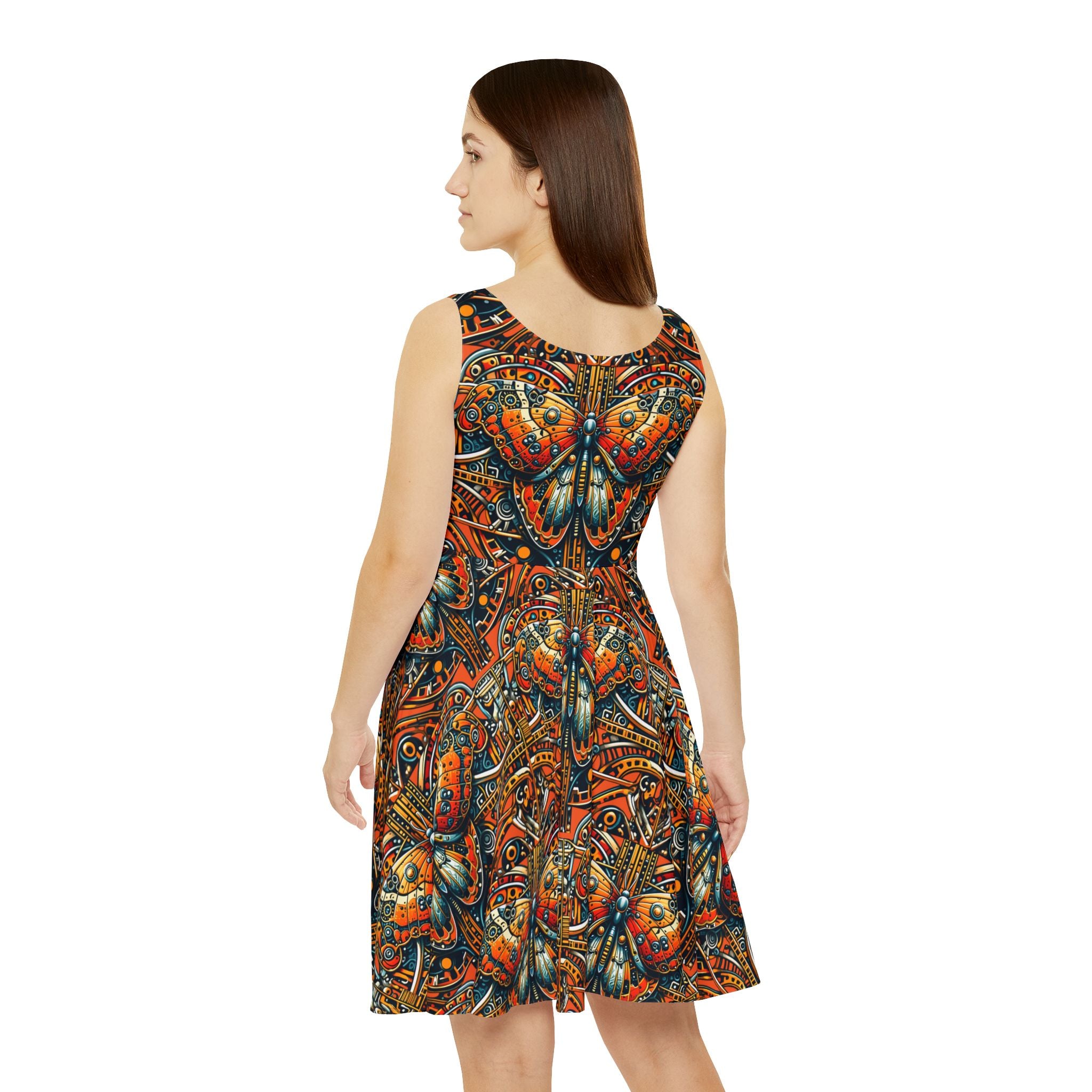 Orange Steampunk Butterfly Skater Dress — All-Over Print Boho Art Dress