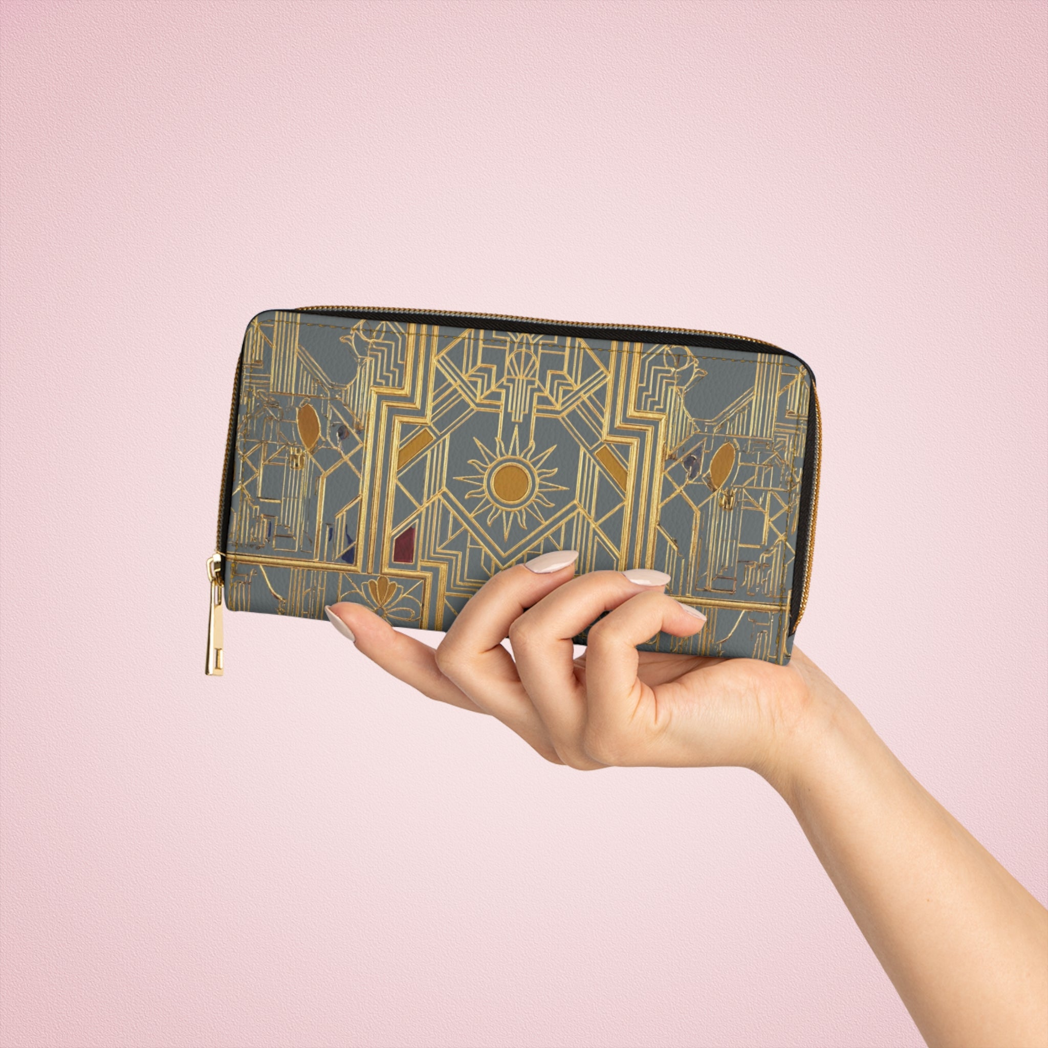 Art Deco Zip Wallet — Gold Geometric Sun Pattern