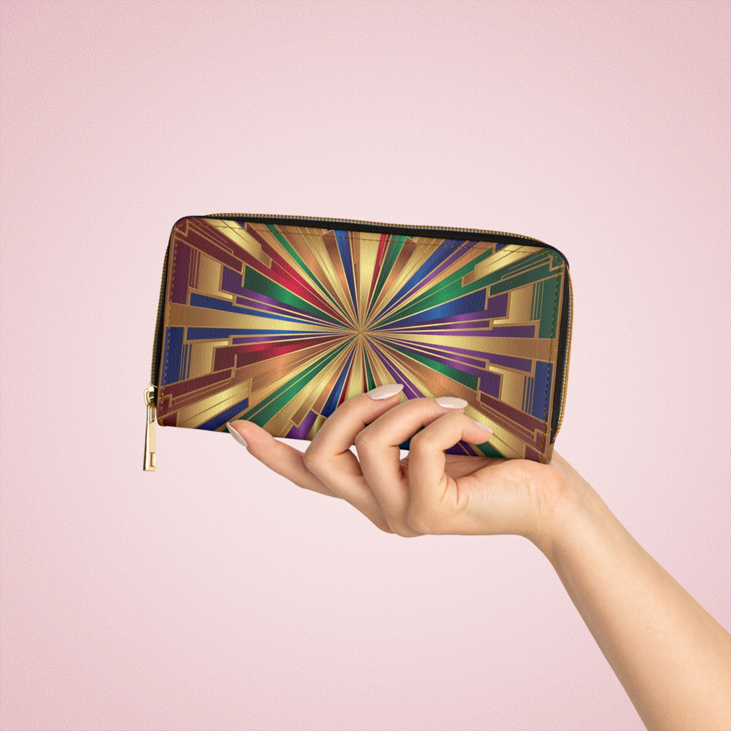 Art Deco Radiant Zip Wallet — Geometric Gold Burst Design – sunbowjp