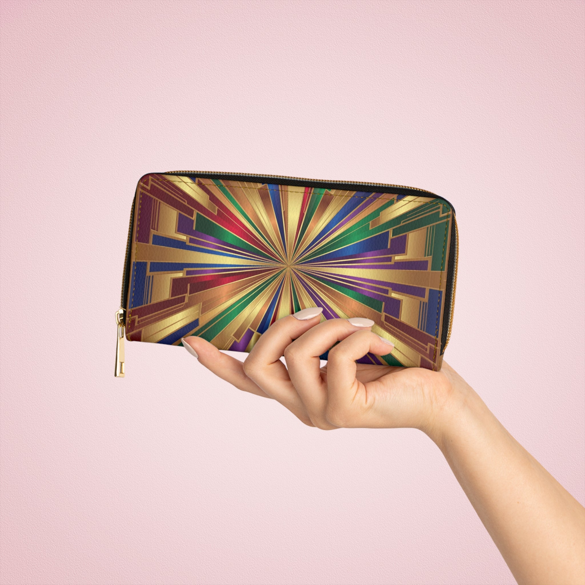 Art Deco Radiant Zip Wallet — Geometric Gold Burst Design