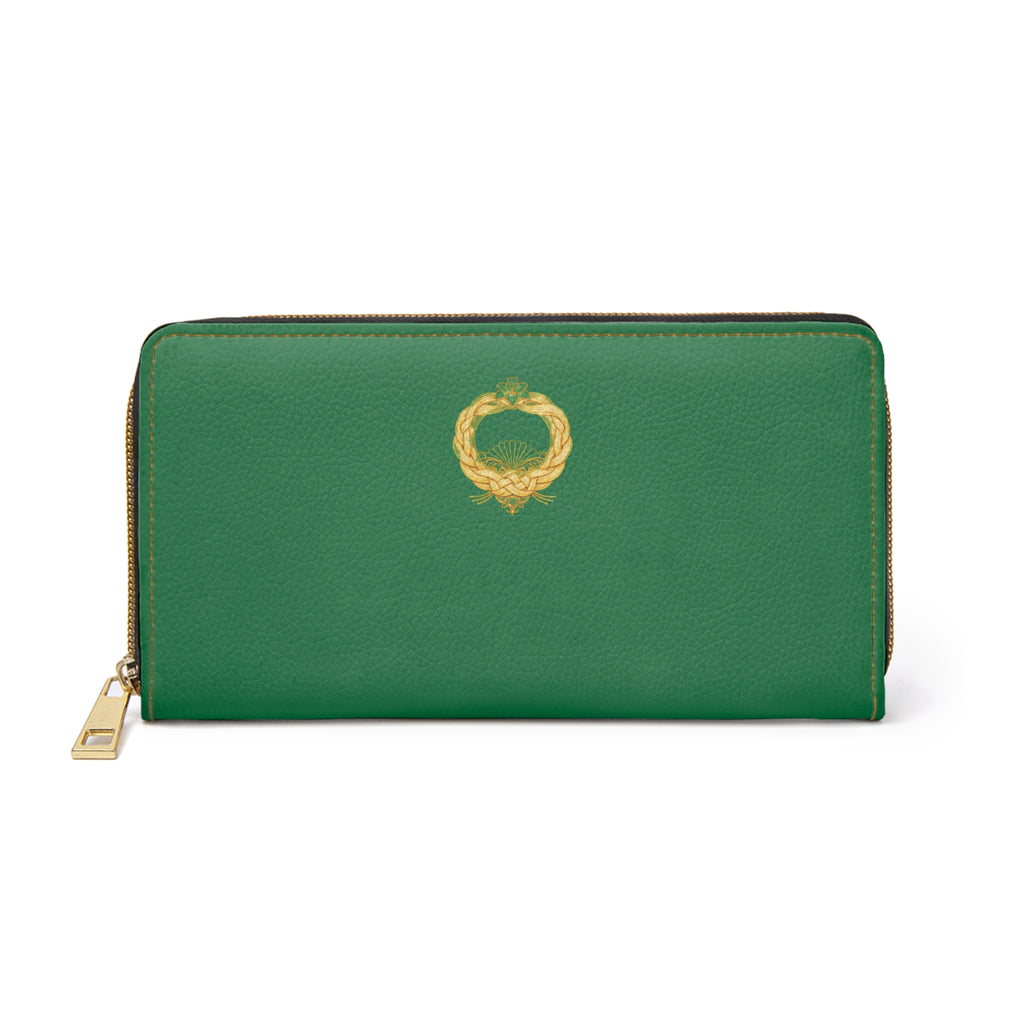 Celtic Knot Zipper Wallet — Green Leather Look Wallet with Gold Snake Emblem