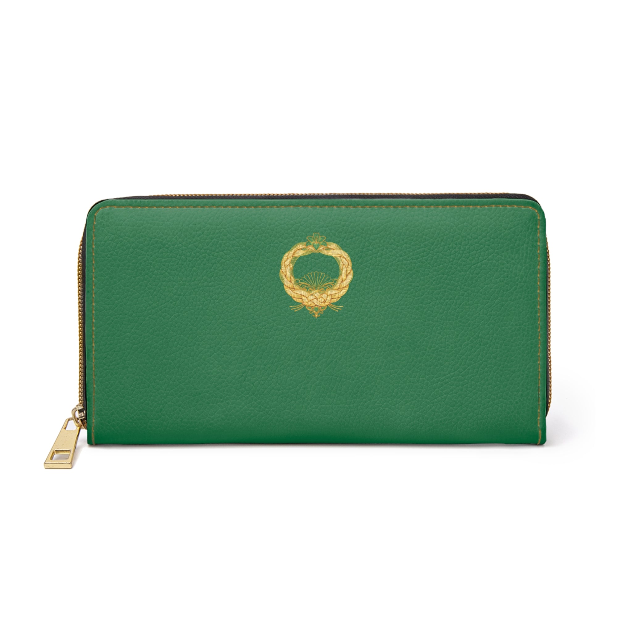Celtic Knot Zipper Wallet — Green Leather Look Wallet with Gold Snake Emblem