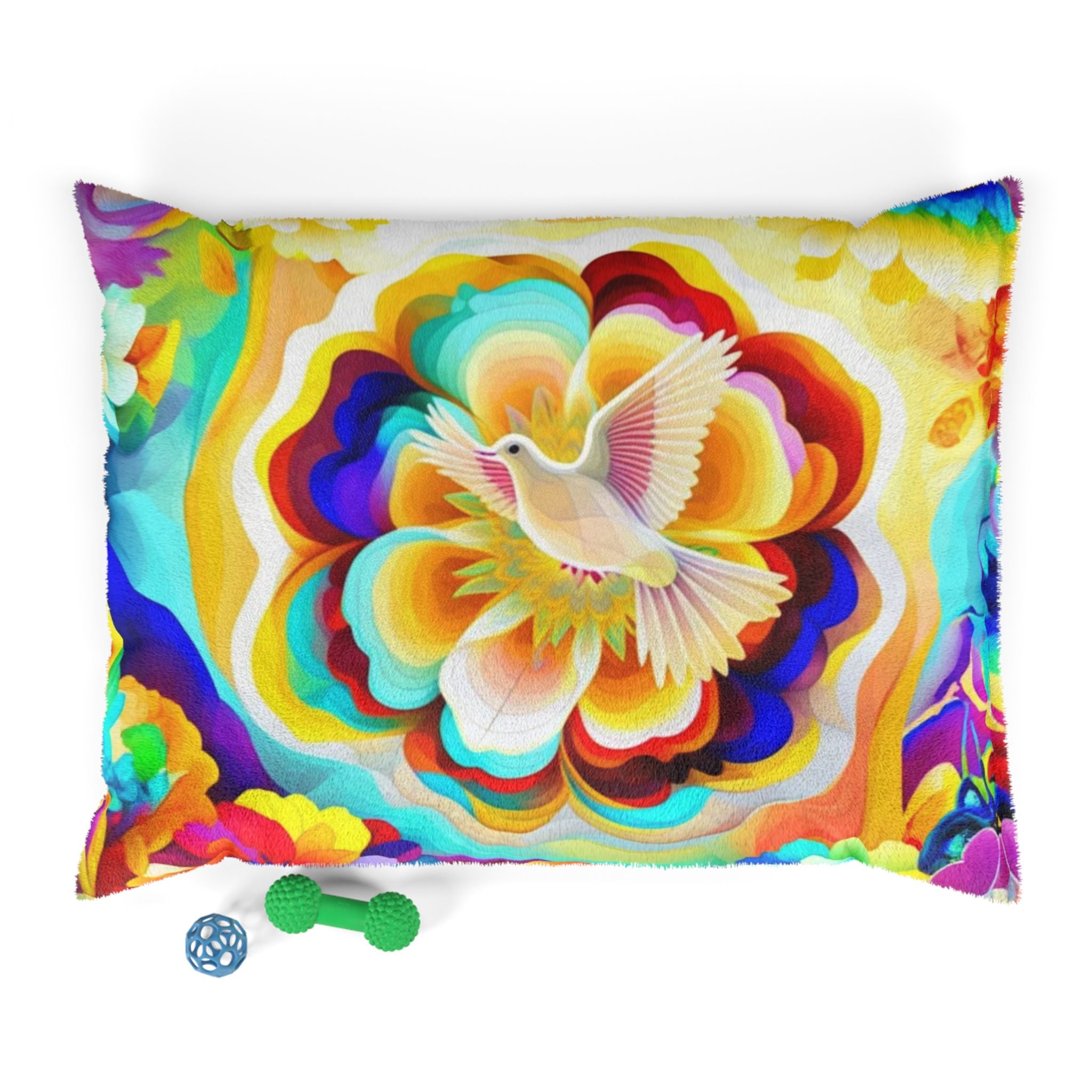 Pet Bed — Vibrant Rainbow Floral Design with White Dove