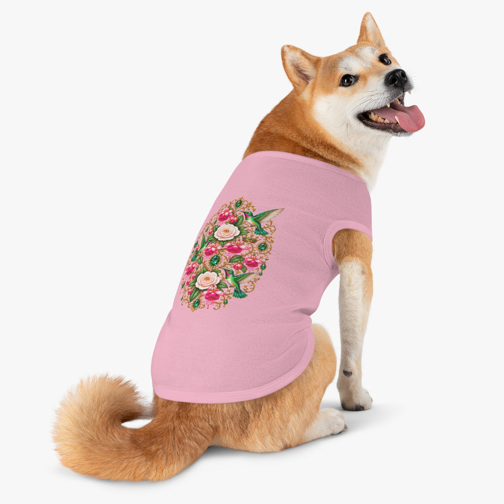 Floral Hummingbird Pet Tank — Ornate Jewel-Embossed Dog Shirt