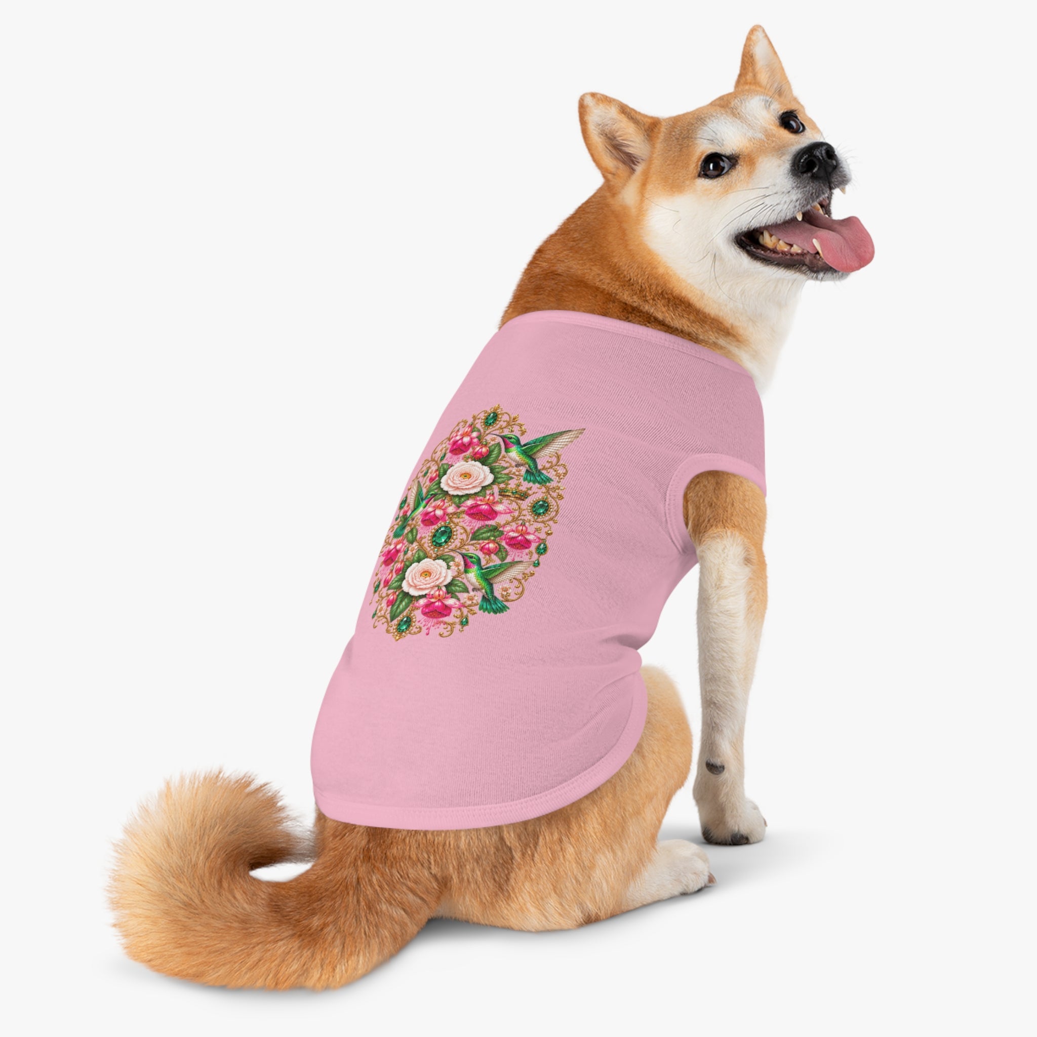 Floral Hummingbird Pet Tank — Ornate Jewel-Embossed Dog Shirt
