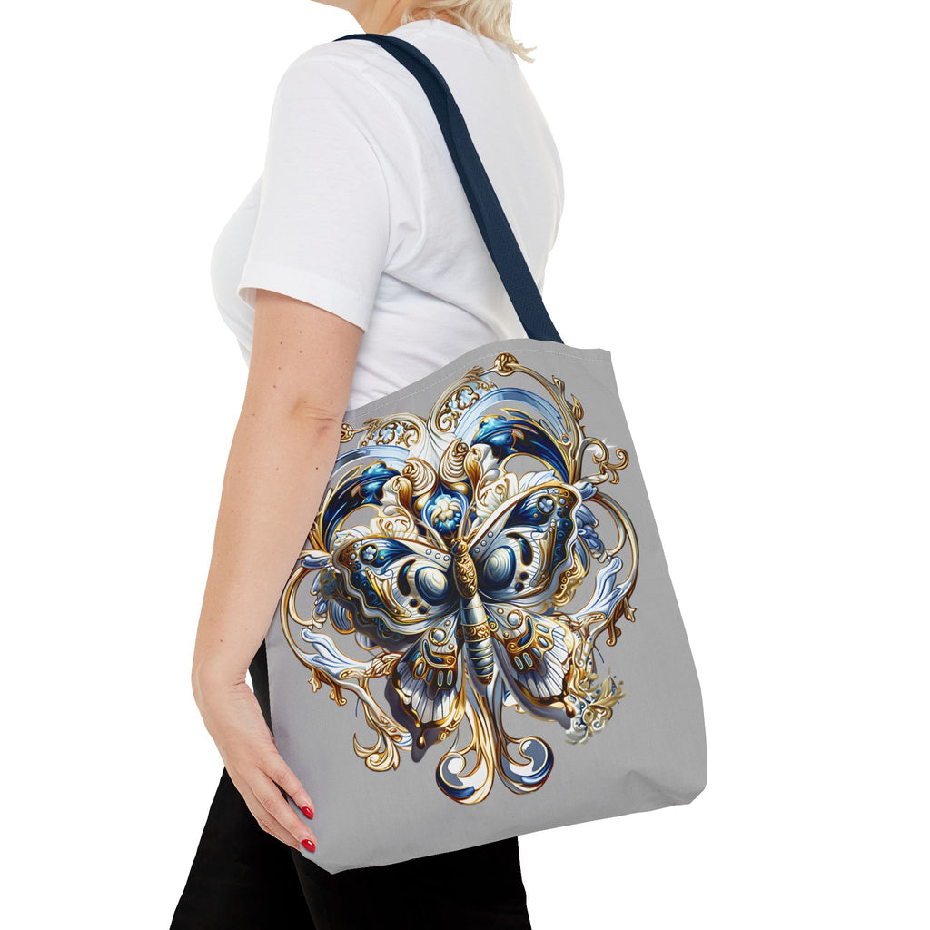 Baroque Butterfly Tote Bag — Ornate Gold & Blue All-Over Print
