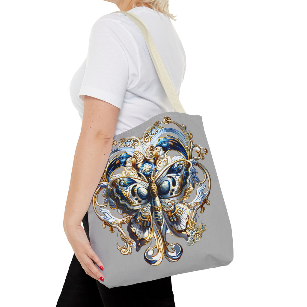 Baroque Butterfly Tote Bag — Ornate Gold & Blue All-Over Print