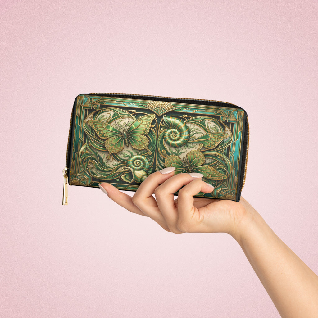 Art Nouveau Butterfly Zipper Wallet — Green Floral Zip Wallet for Women