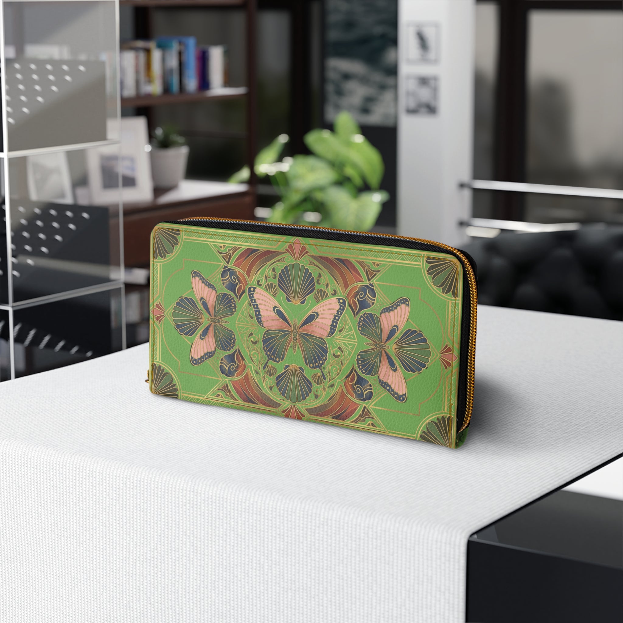 Green Butterfly Mandala Zipper Wallet – Art Nouveau Floral Zip Wallet