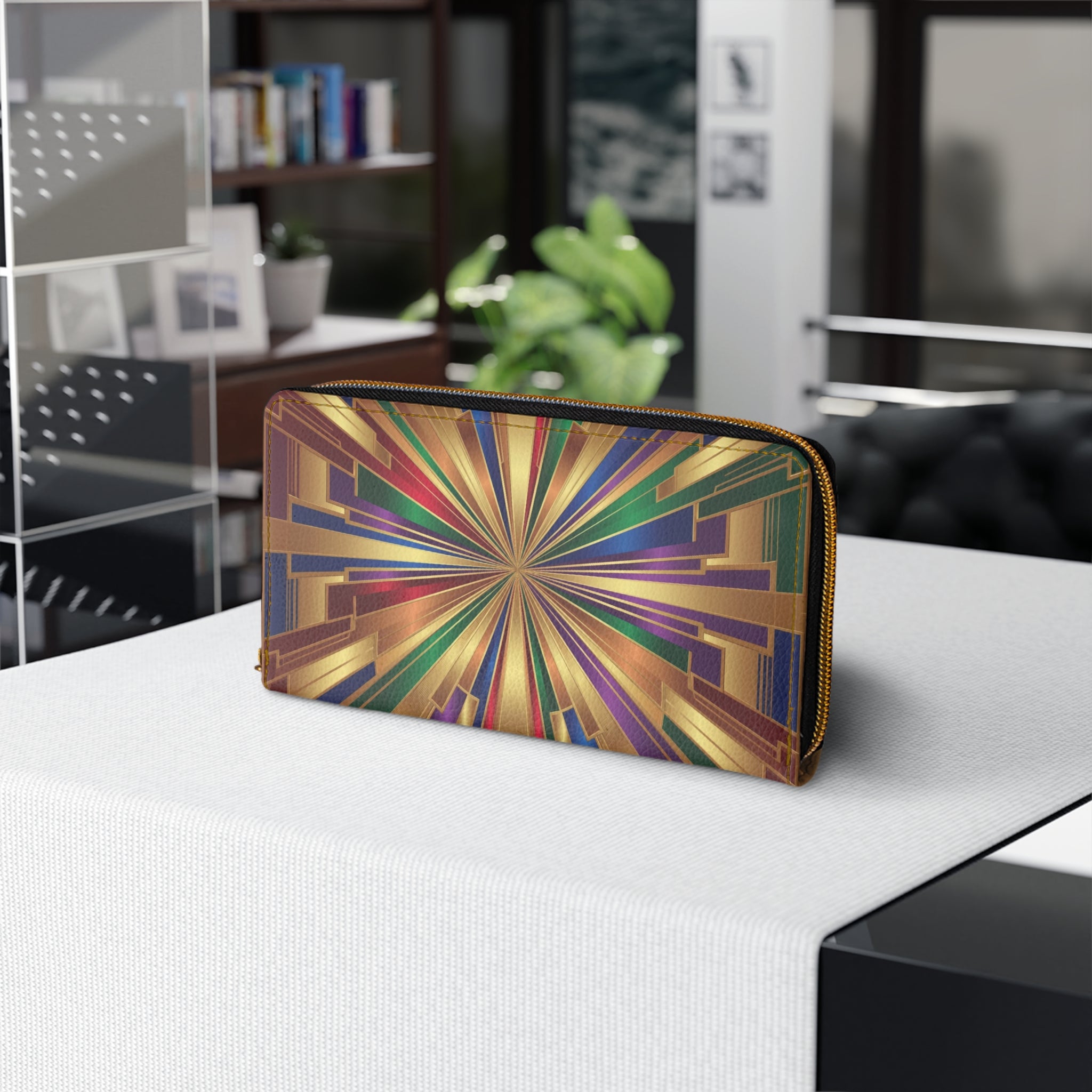 Art Deco Radiant Zip Wallet — Geometric Gold Burst Design
